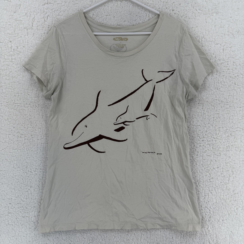 Crazy Shirts Wyland Shirt Womens Large Beige Dolphin Graphic Whale Cotton Tee